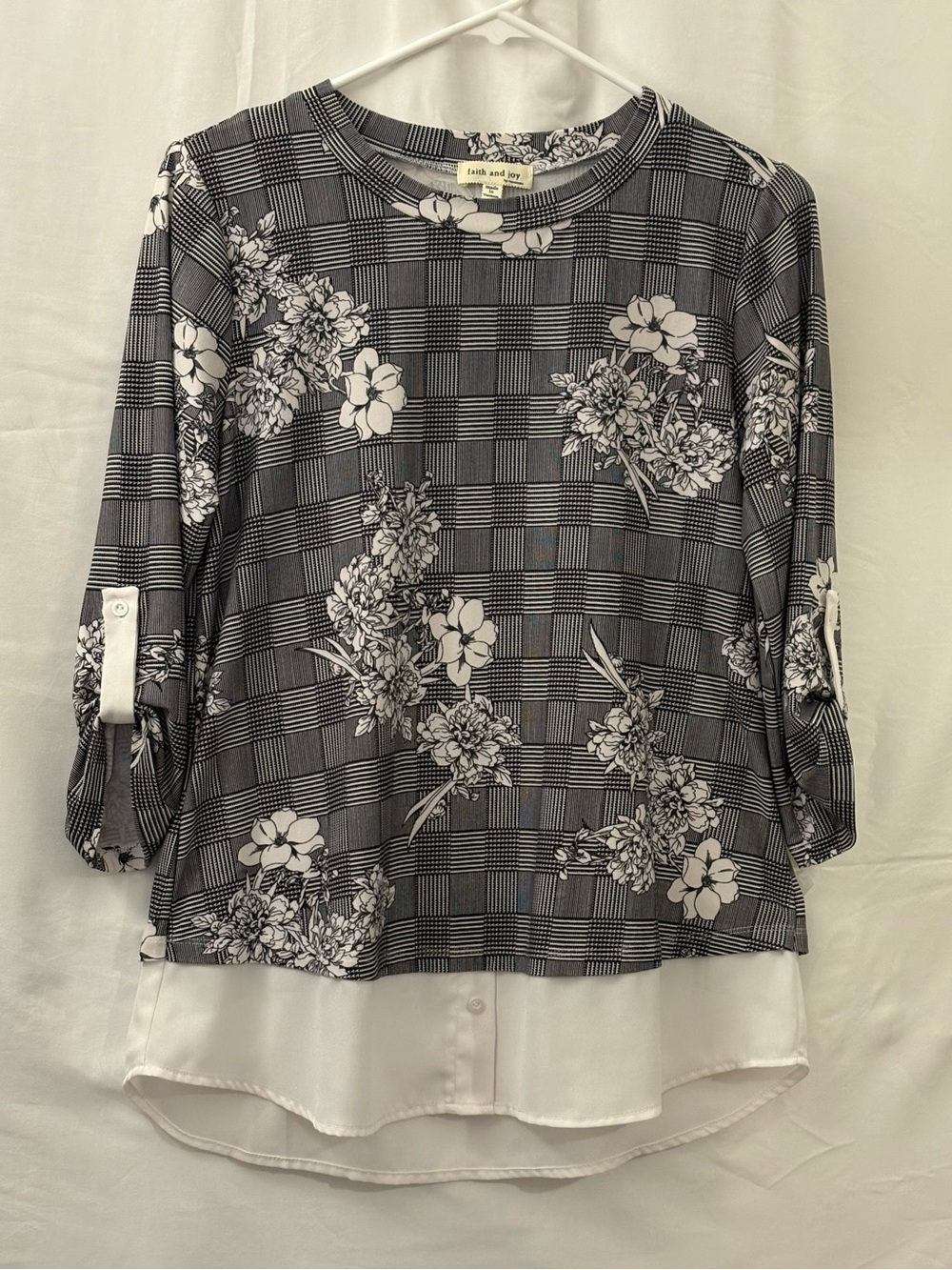 Faith and Joy Black and White Plaid Floral Layered Blouse